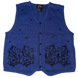 Requirements Women's Vintage Blue Beaded‎ Sweater Vest Size L V-Neck Button-Up